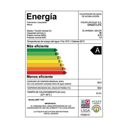 TERMOTANQUE SMARTLIFE 50L EFICIENCIA ENERGÉTICA A